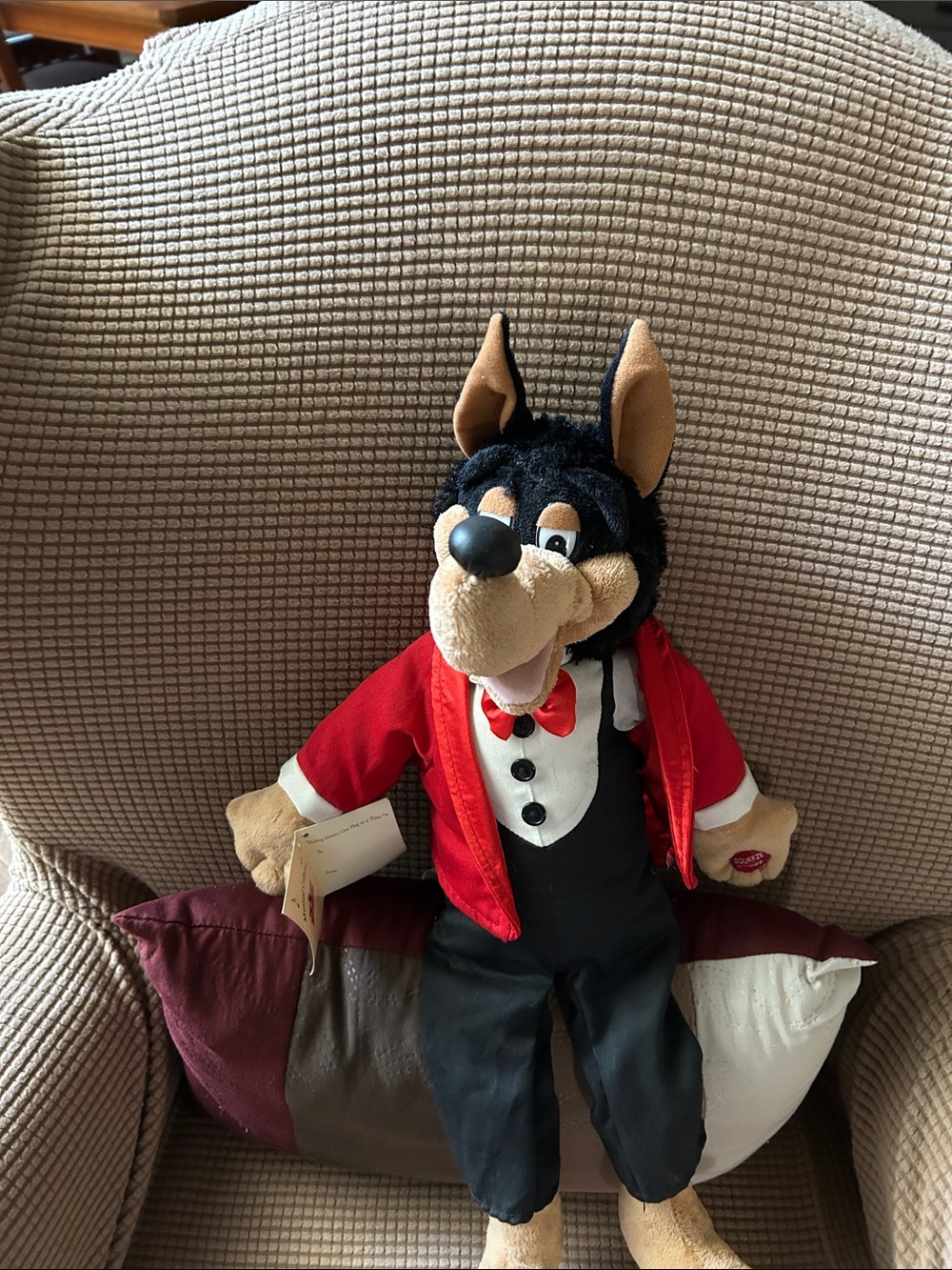 Plush Singing Wolf Character in Red Jacket and Black Pants- novelty collector